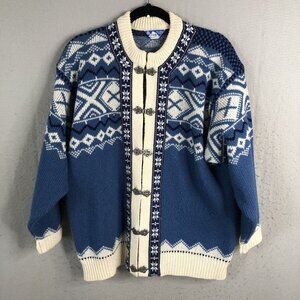 Vintage Scan Alp Cardigan Womens Medium Blue White Nordic New Zealand Wool